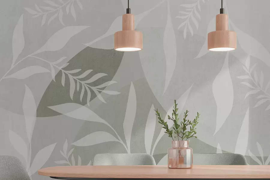 fototapeter Silhuetter af kviste på en baggrund af abstrakte cirkler, grønne nuancer w04270v2