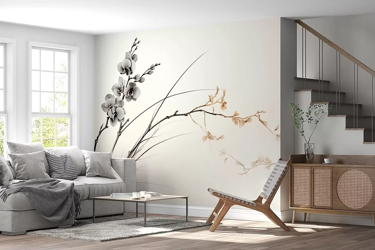 fototapeter Minimalistisk orkidegren i bløde sepia- og gråtoner w09250