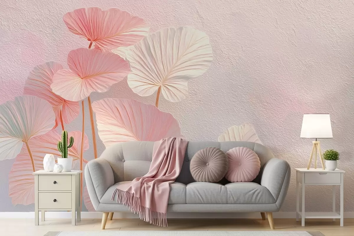 fototapeter Elegante store tropiske blade i sarte rosa og blå nuancer w09252