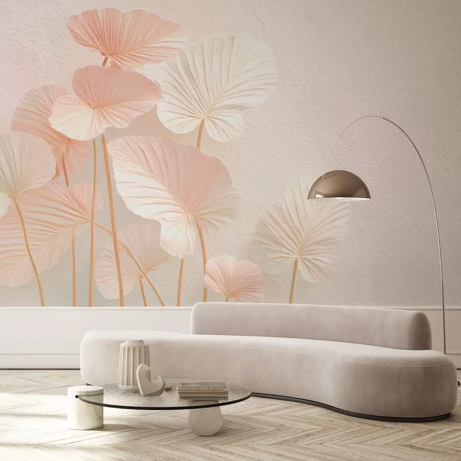 fototapeter Elegante store tropiske blade i sart rosa farve w09252v1