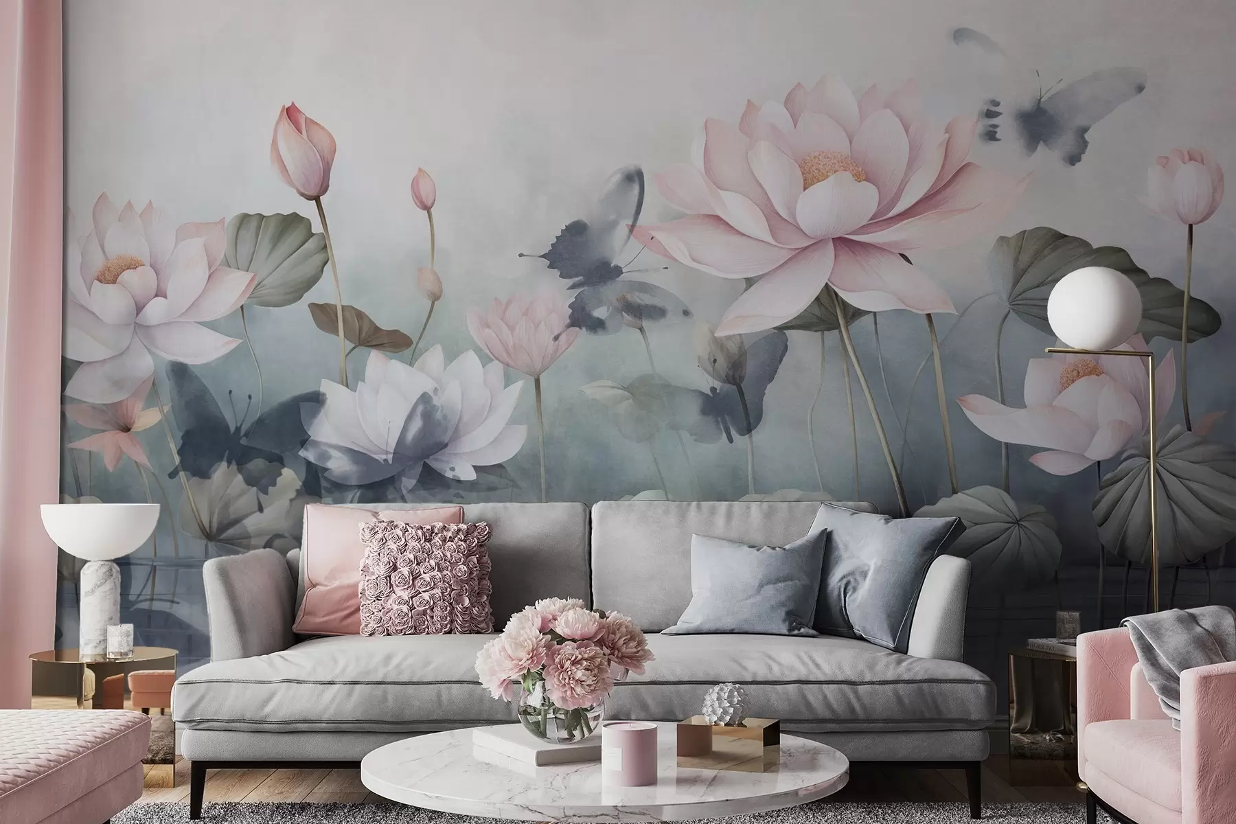 fototapeter Lotus-strukturerede blomster med lyserøde pastelblade, grønne blade, vandrefleksion, bløde pastelfarver, akvareleffekt w09254