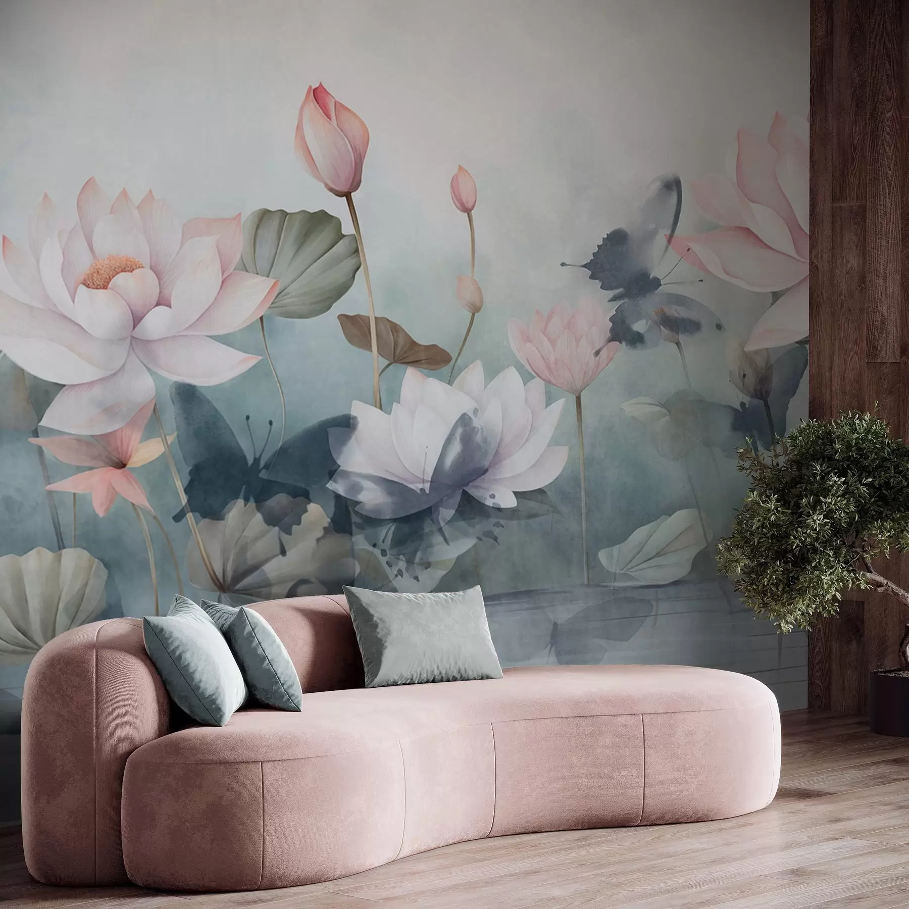 fototapeter Lotus-strukturerede blomster med lyserøde pastelblade, grønne blade, vandrefleksion, bløde pastelfarver, akvareleffekt w09254