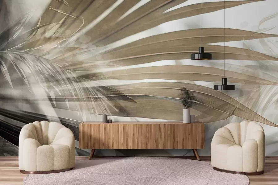 Fototapete Palmenblätter mit hellbraunem Farbton, die sich überlappen und einen Schichteffekt erzeugen, vor einem weichen, neutralen Hintergrund w09256