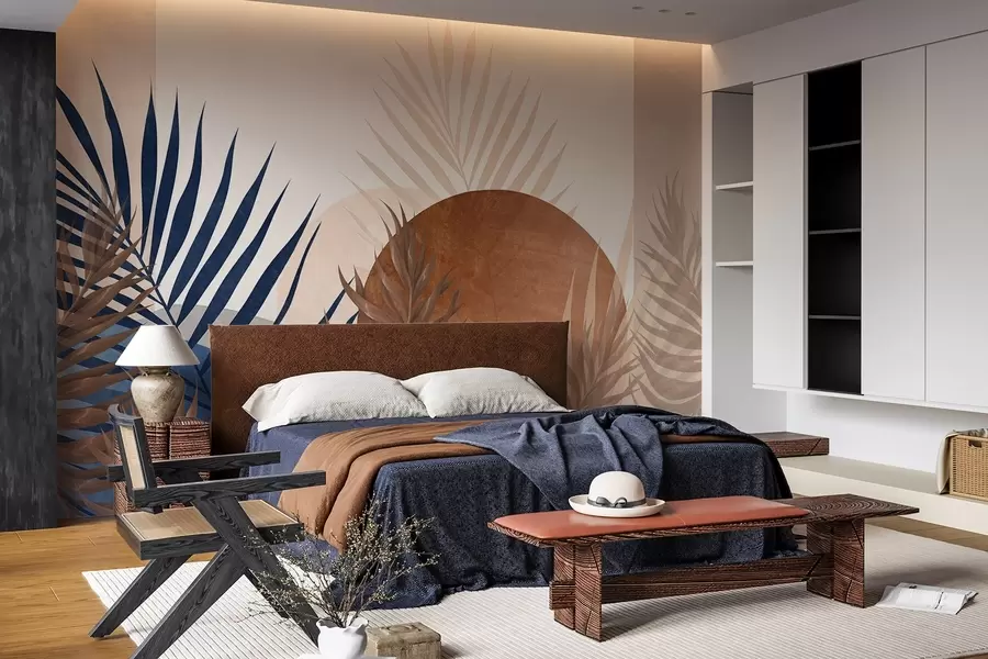 Fototapete Abstrakte, strukturierte Komposition mit tropischen Blättern in Blau- und Erdtönen, mit einer großen kreisförmigen Form w09257