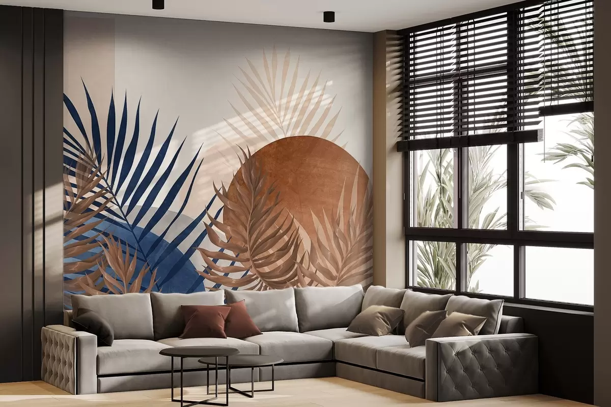 Fototapete Abstrakte, strukturierte Komposition mit tropischen Blättern in Blau- und Erdtönen, mit einer großen kreisförmigen Form w09257