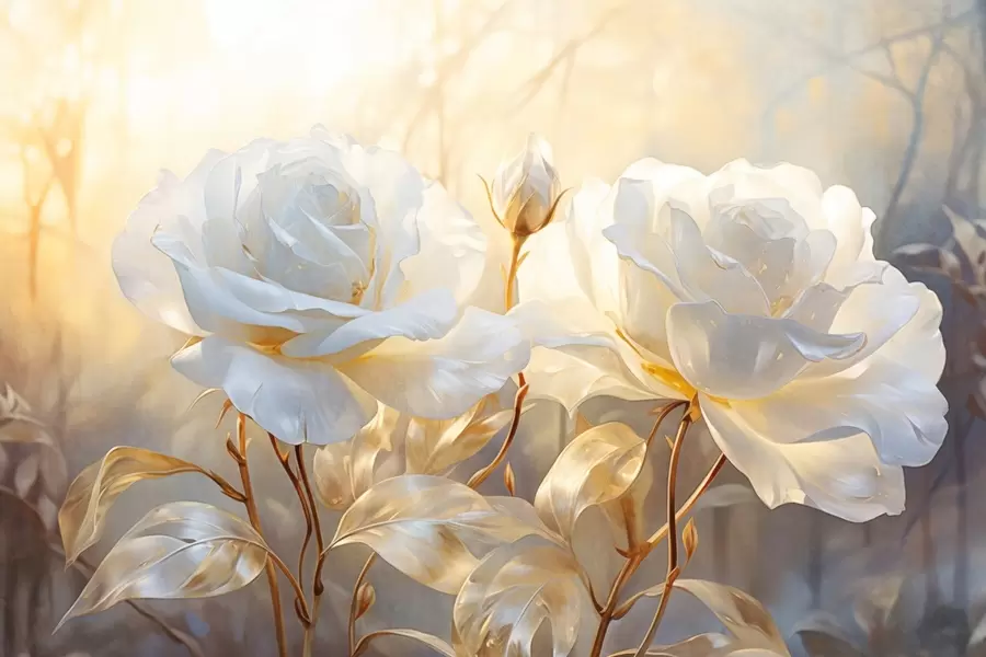 fototapeter Hvide, strukturerede roser med gule stilke og blade, blød belysning, lys baggrund med slørede blomsterformer w09258