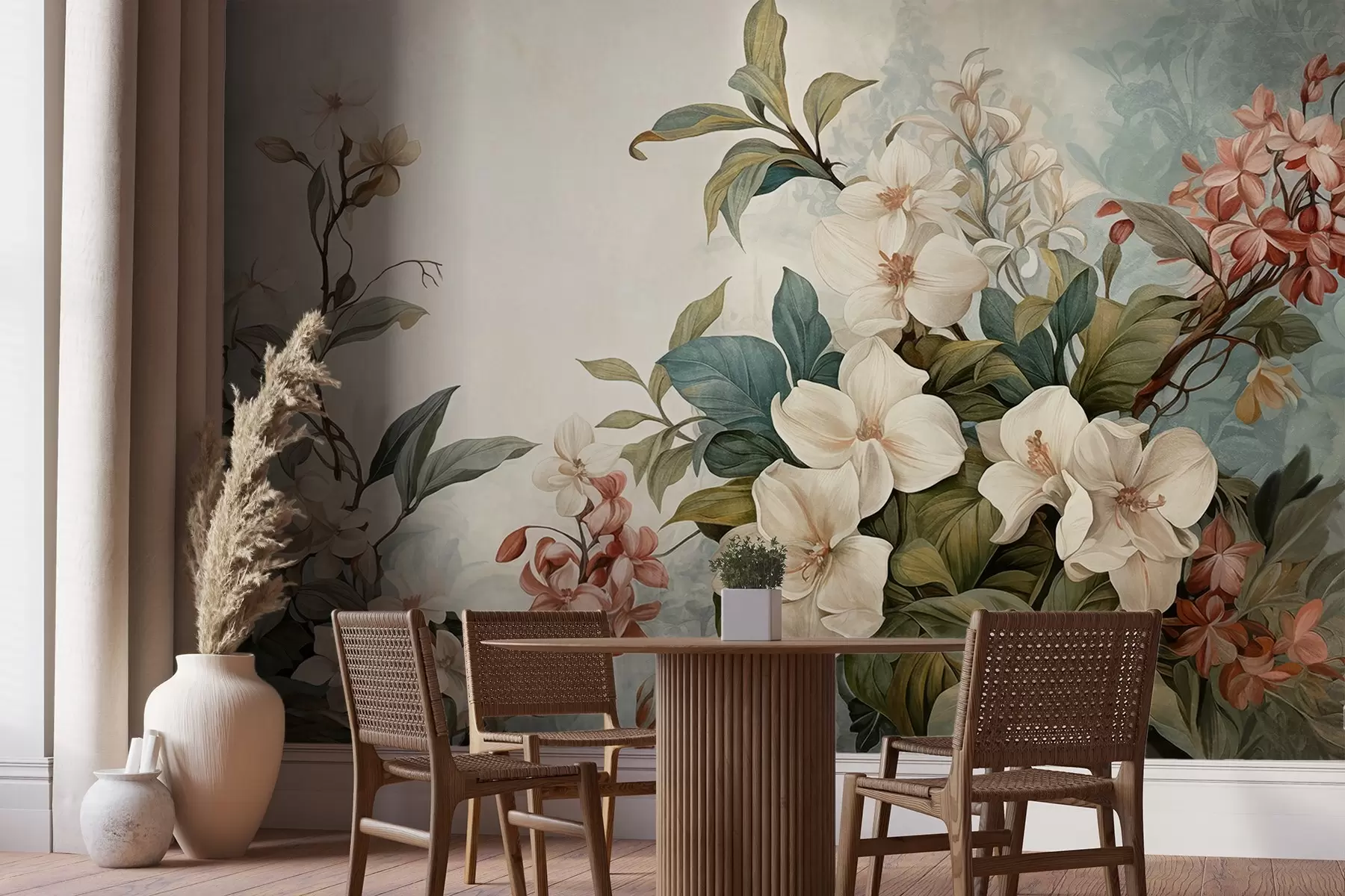 Murale Fleurs et feuilles tropicales texturées avec des teintes bleues et vertes douces, coups de pinceau délicats, style botanique vintage w09259