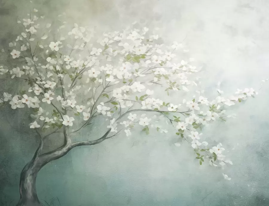Murale Un arbre en fleurs avec des fleurs blanches en pleine floraison, sur un fond texturé granuleux et bruyant de bleu et de vert atténués w09261