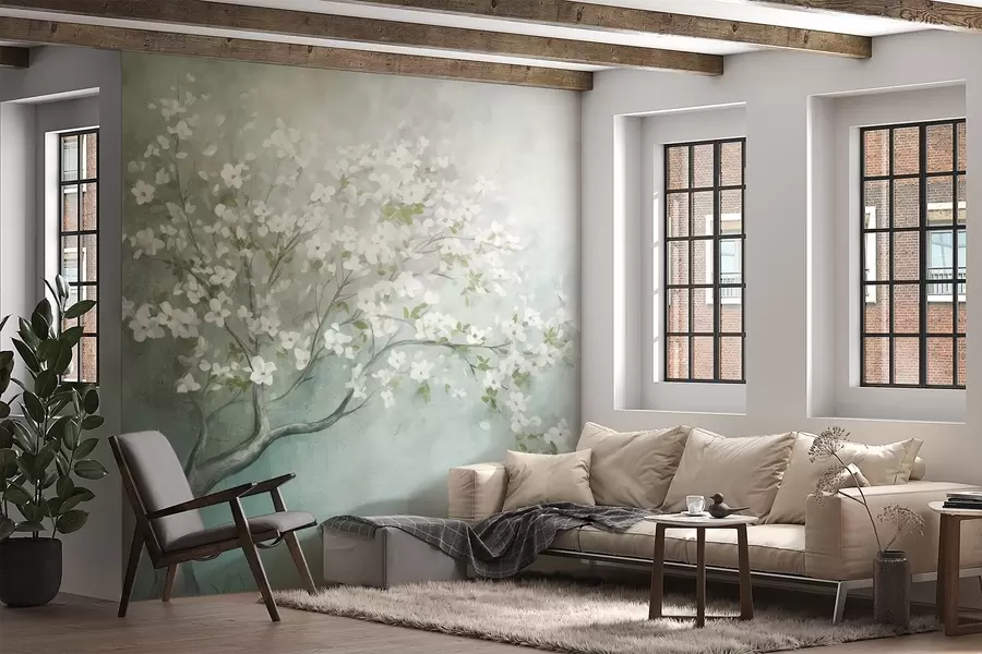 Fototapete Ein blühender Baum mit weißen Blüten in voller Blüte, vor einem körnigen, lauten, strukturierten Hintergrund in gedämpftem Blau und Grün w09261