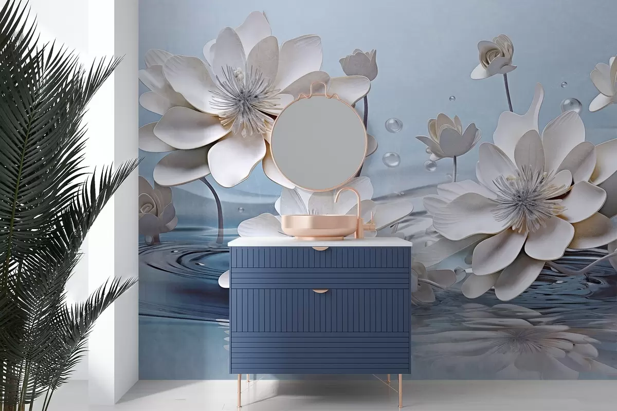 Murale Fleurs blanches texturées avec gouttes d'eau, reflets sur la surface de l'eau, fond bleu clair, design élégant w09262