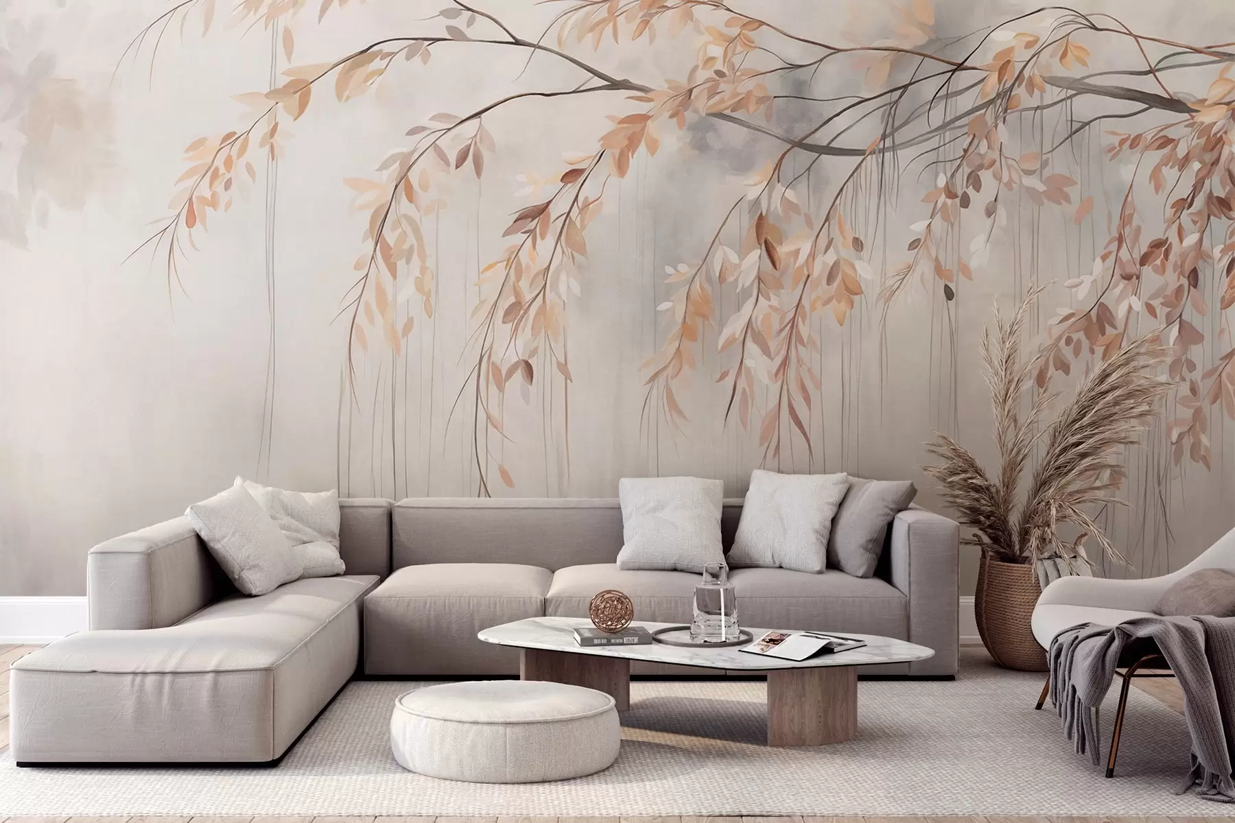 Murale Une branche avec des feuilles orange clair qui pendent, fond flou texturé gris clair, style doux et délicat w09265