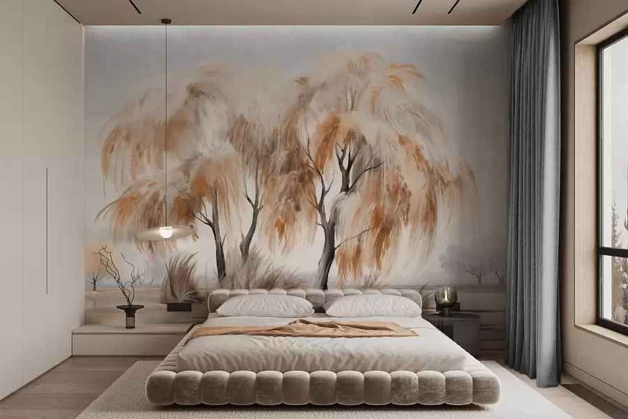 Fototapete Strukturierte Weidenbäume mit braunen und weißen Blättern am Ufer eines Sees, mit etwas Gras um sie herum, an einem nebligen Tag w09268