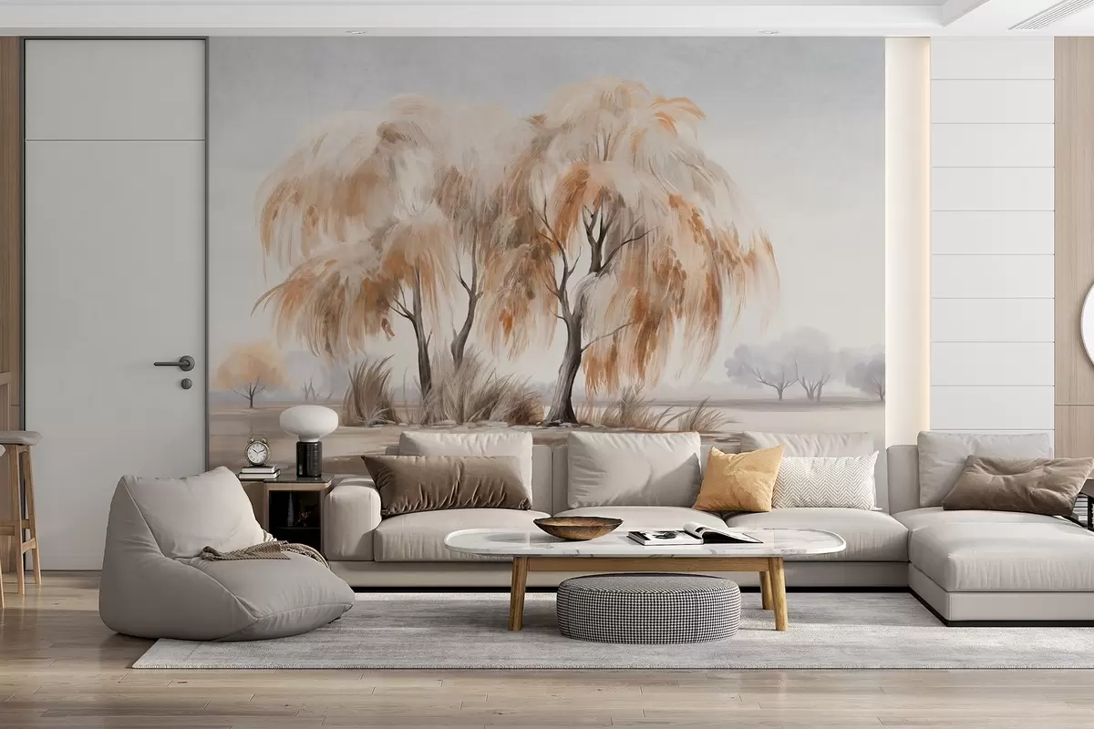 fototapeter Strukturerede piletræer med brune og hvide blade på bredden af en sø, med lidt græs omkring dem, på en tåget dag w09268