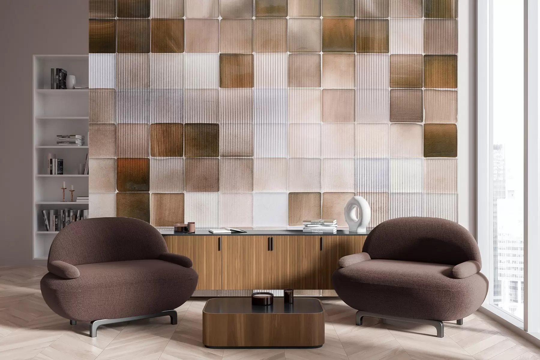 fototapeter Firkantede mosaikfliser i brune, beige og hvide nuancer med en abstrakt, riflet og støjende struktur w09269