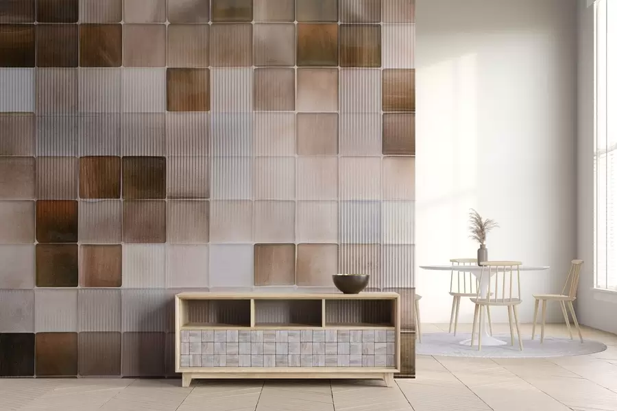 Fototapete Quadratische Mosaiksteinfliesen in Braun-, Beige- und Weißtönen mit einer abstrakten, geriffelten, geräuschvollen Textur w09269