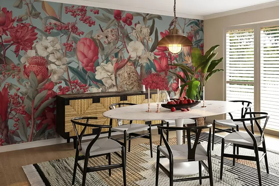 fototapeter strukturerede tropiske blomster på en blå baggrund w04209