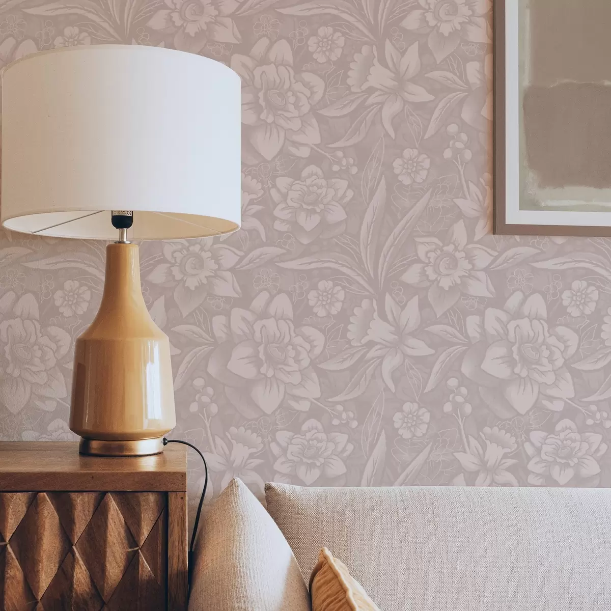 Papier peint Motif floral monochrome avec jonquilles sur fond crème a00294