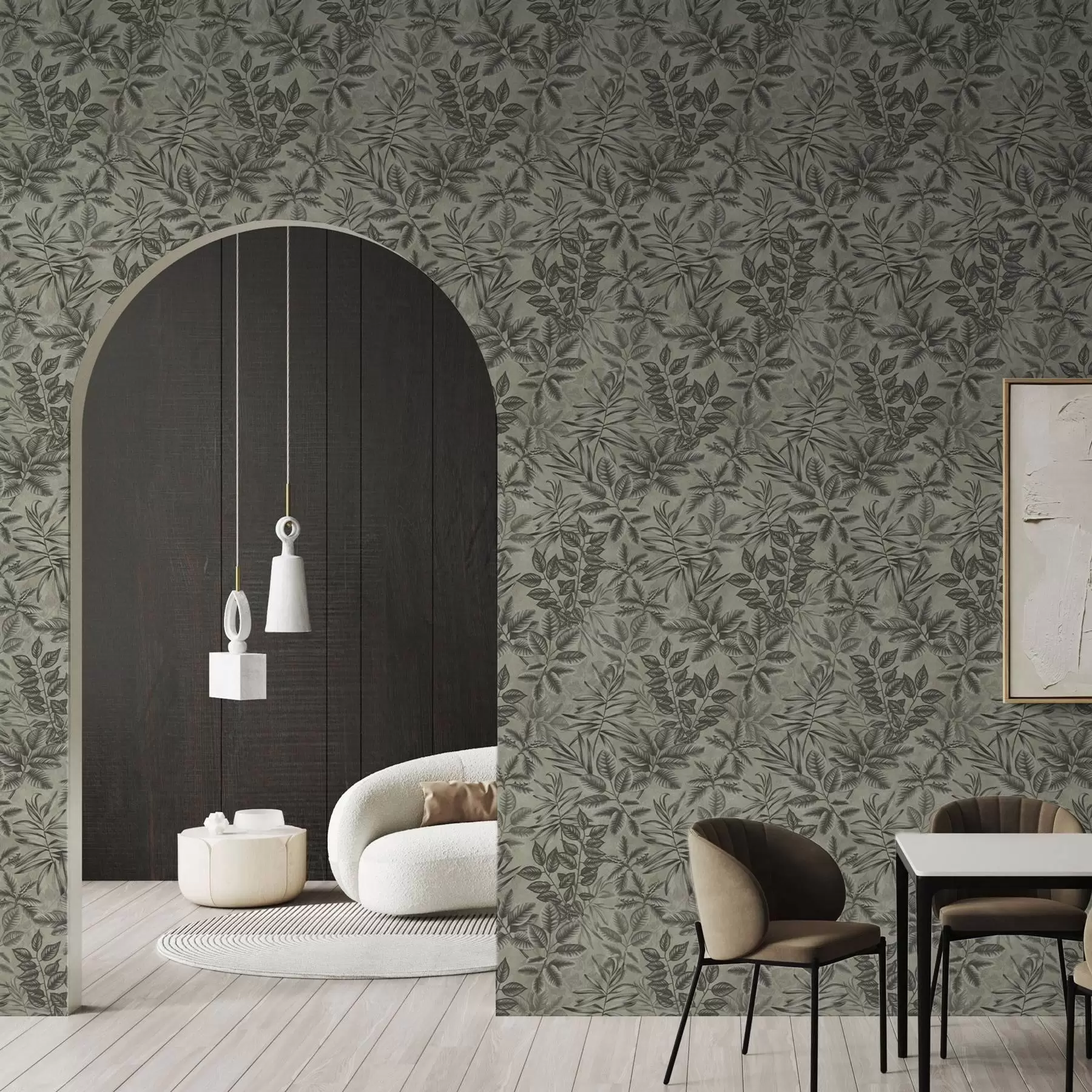 Murale Feuilles tropicales grises de différentes formes sur un fond vintage a00297