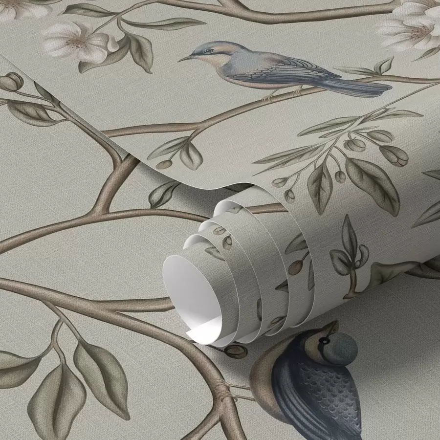 fototapeter Grene med fugle og hvide blomster på en sart baggrund a00303