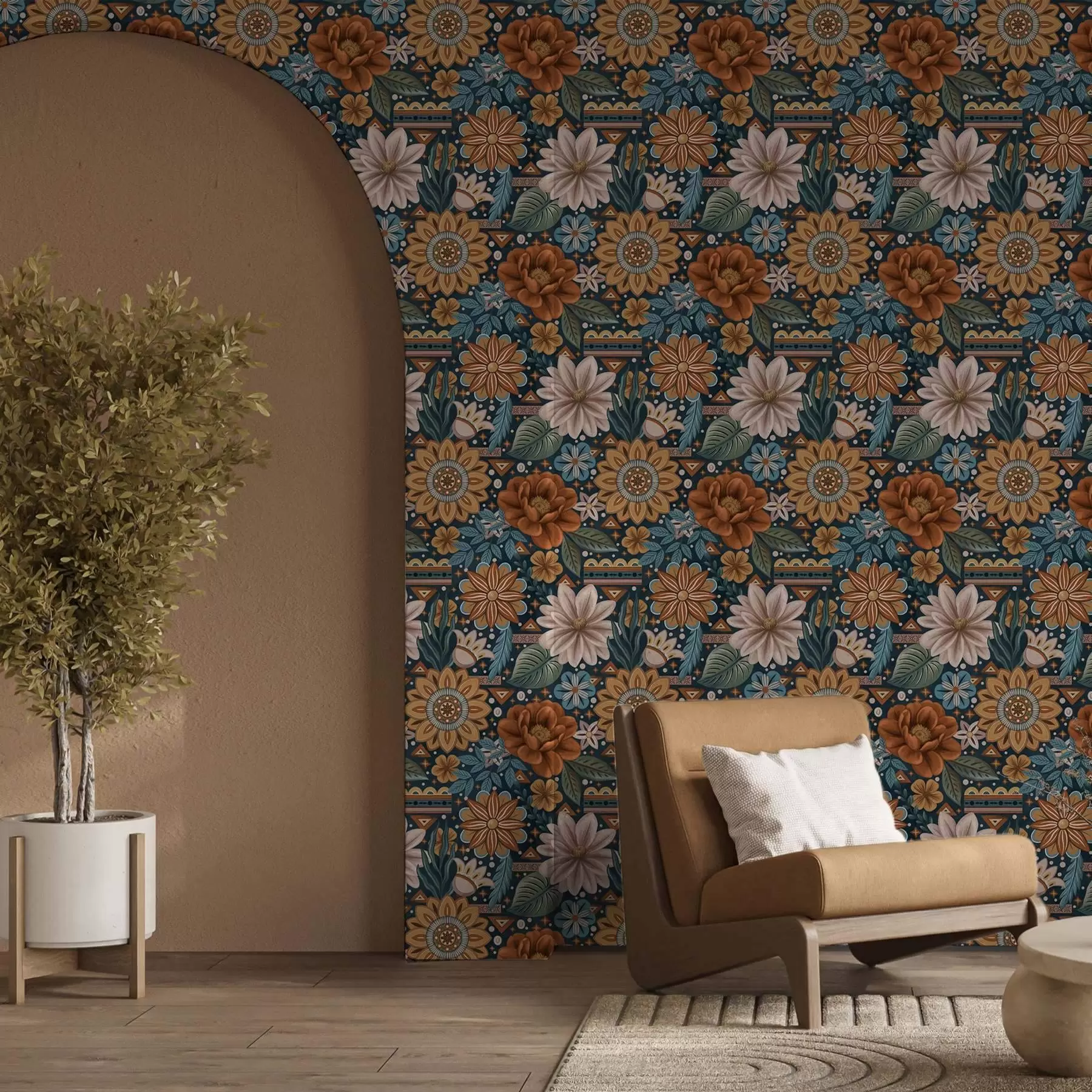 fototapeter Lyse, dekorative blomster med geometriske elementer a00305