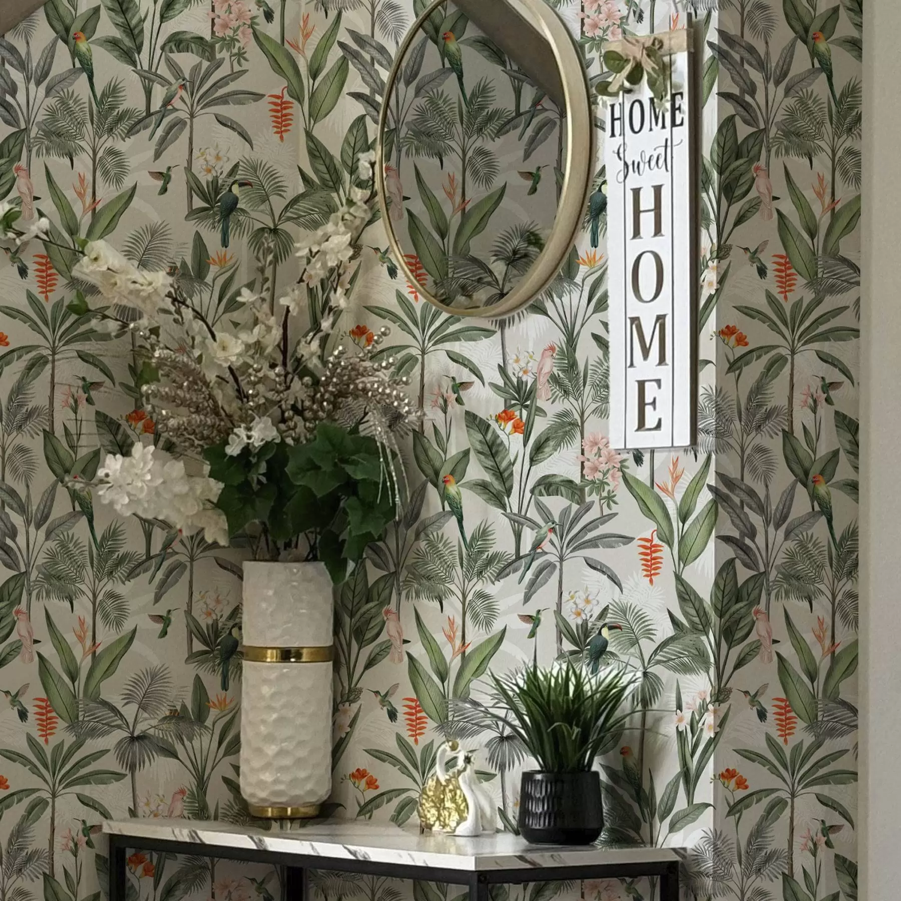 Murale Oiseaux tropicaux parmi les feuilles de palmier a00308