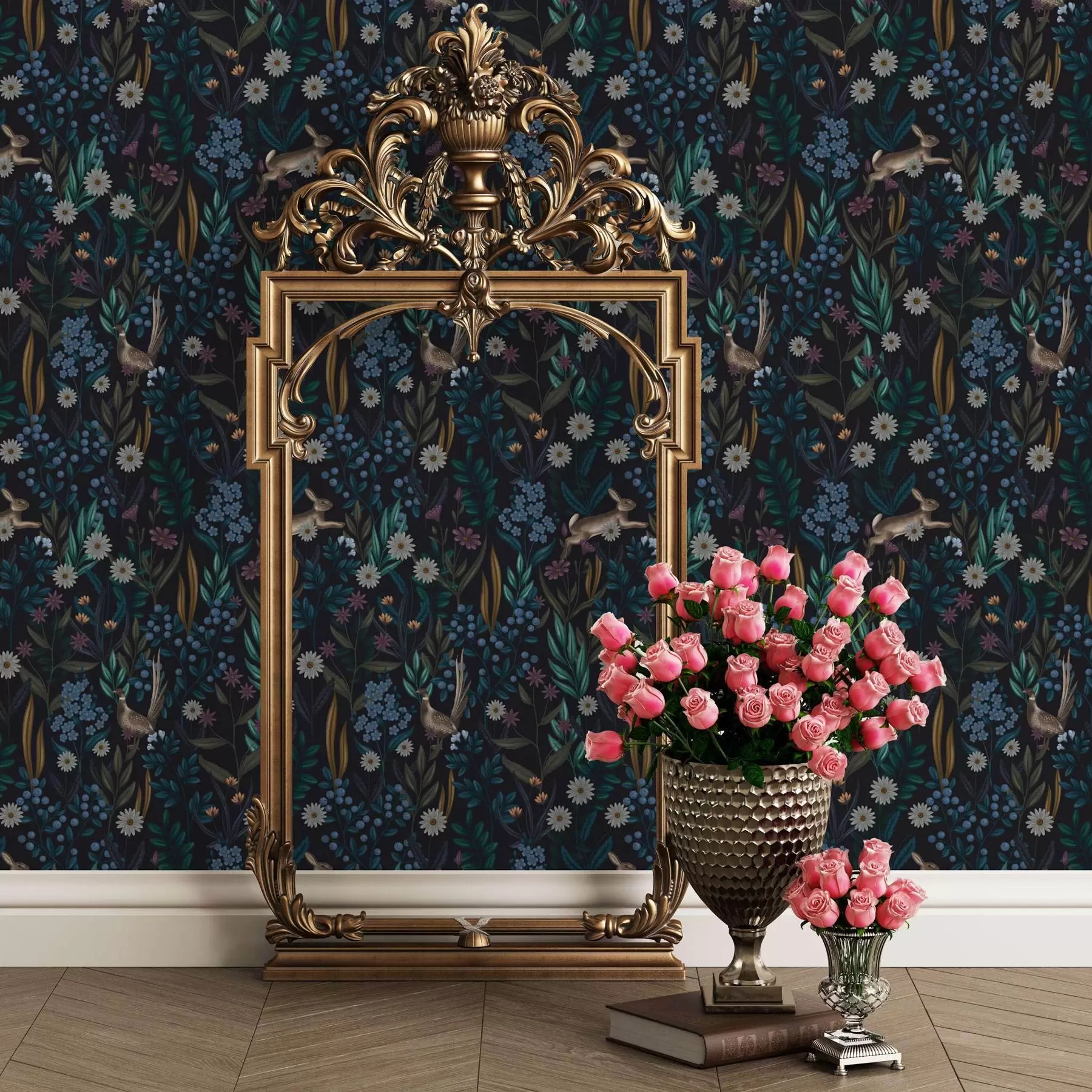 fototapeter Mørk skov med blomster, hare og en fugl a00310