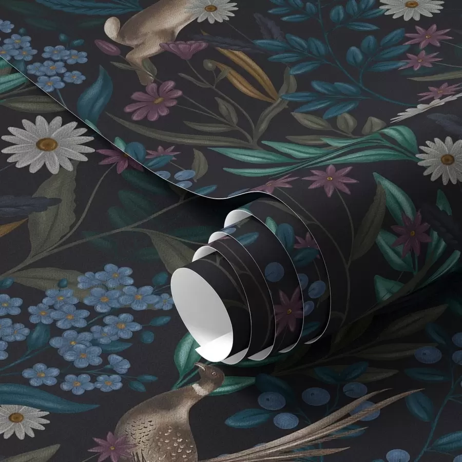 fototapeter Mørk skov med blomster, hare og en fugl a00310