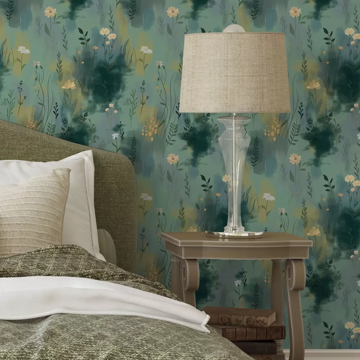 Baggrund Akvarelabstraktion med blomster på grøn baggrund a00312