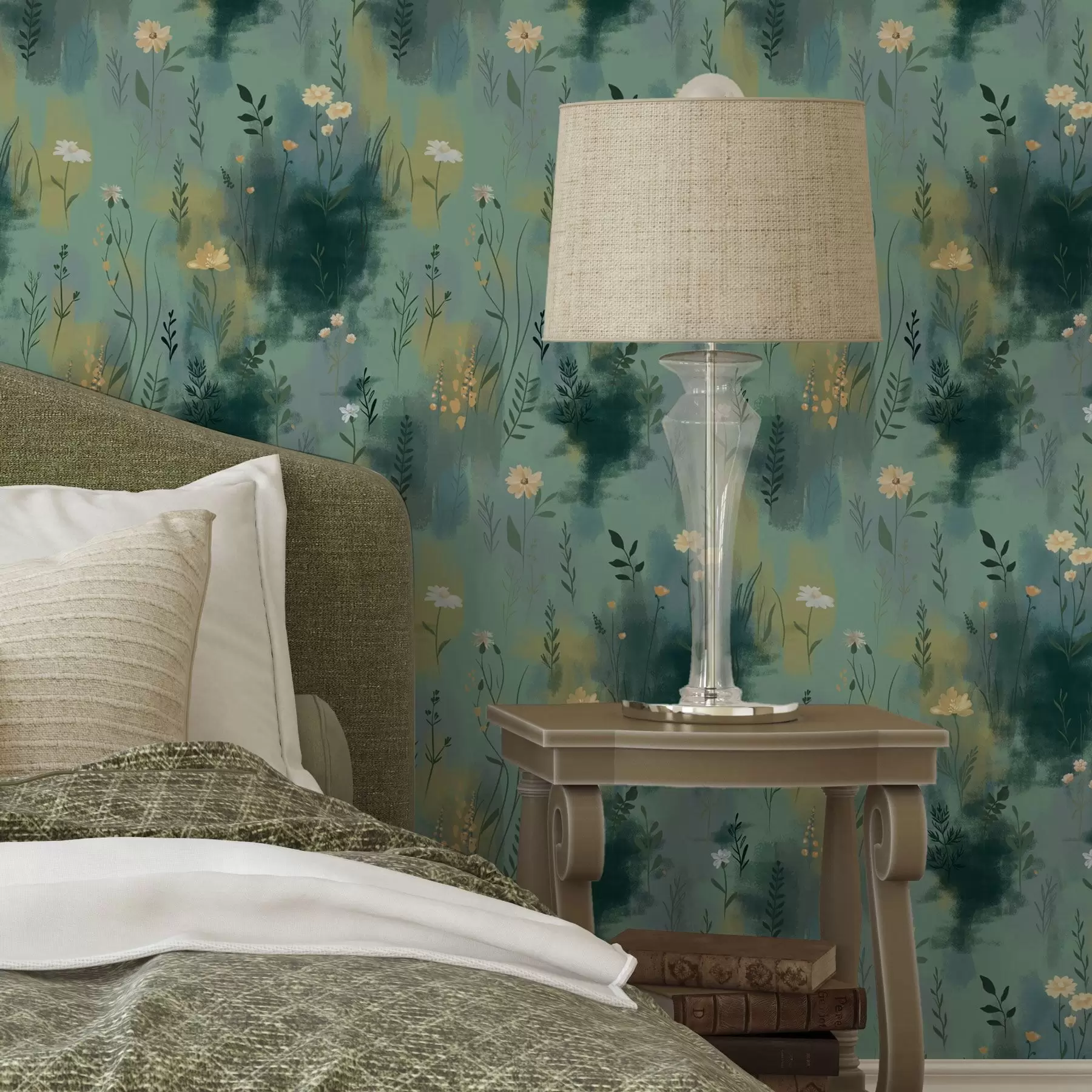 Murale Aquarelle abstraite avec des fleurs sur fond vert a00312