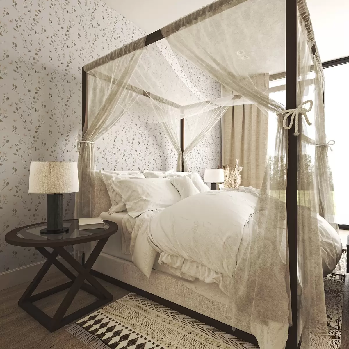 Papier peint Branches fines avec fleurs et papillons sur fond blanc a00342