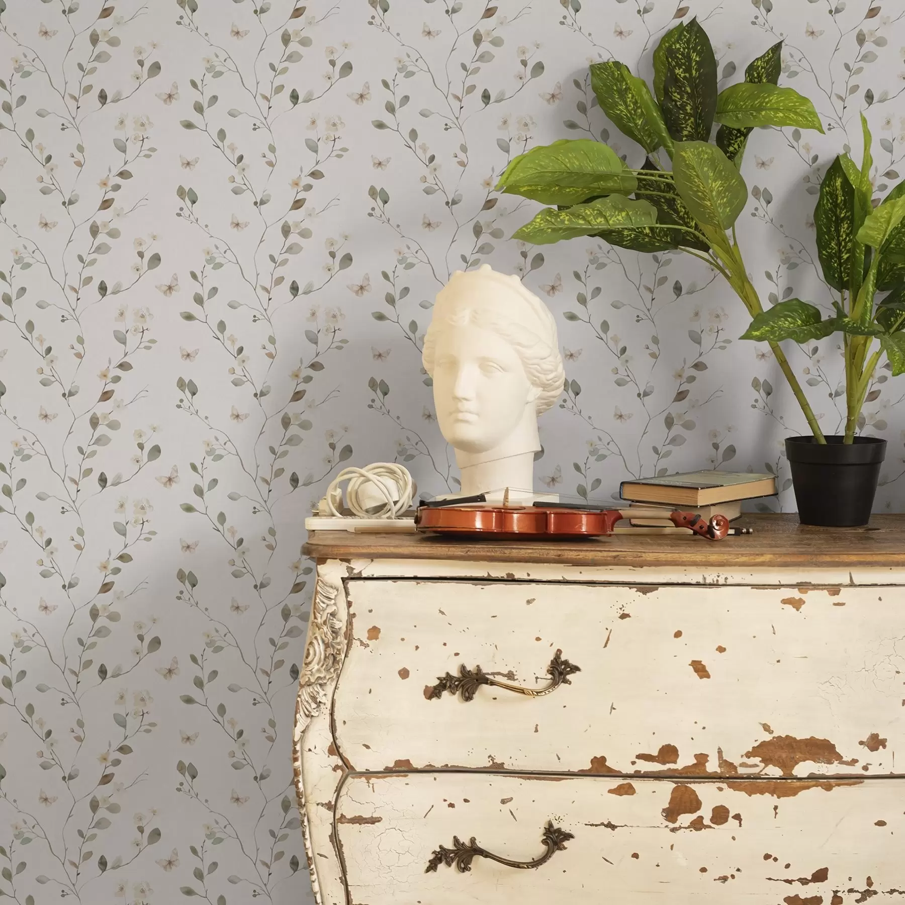 fototapeter Tynde grene med blomster og sommerfugle på hvid baggrund a00342