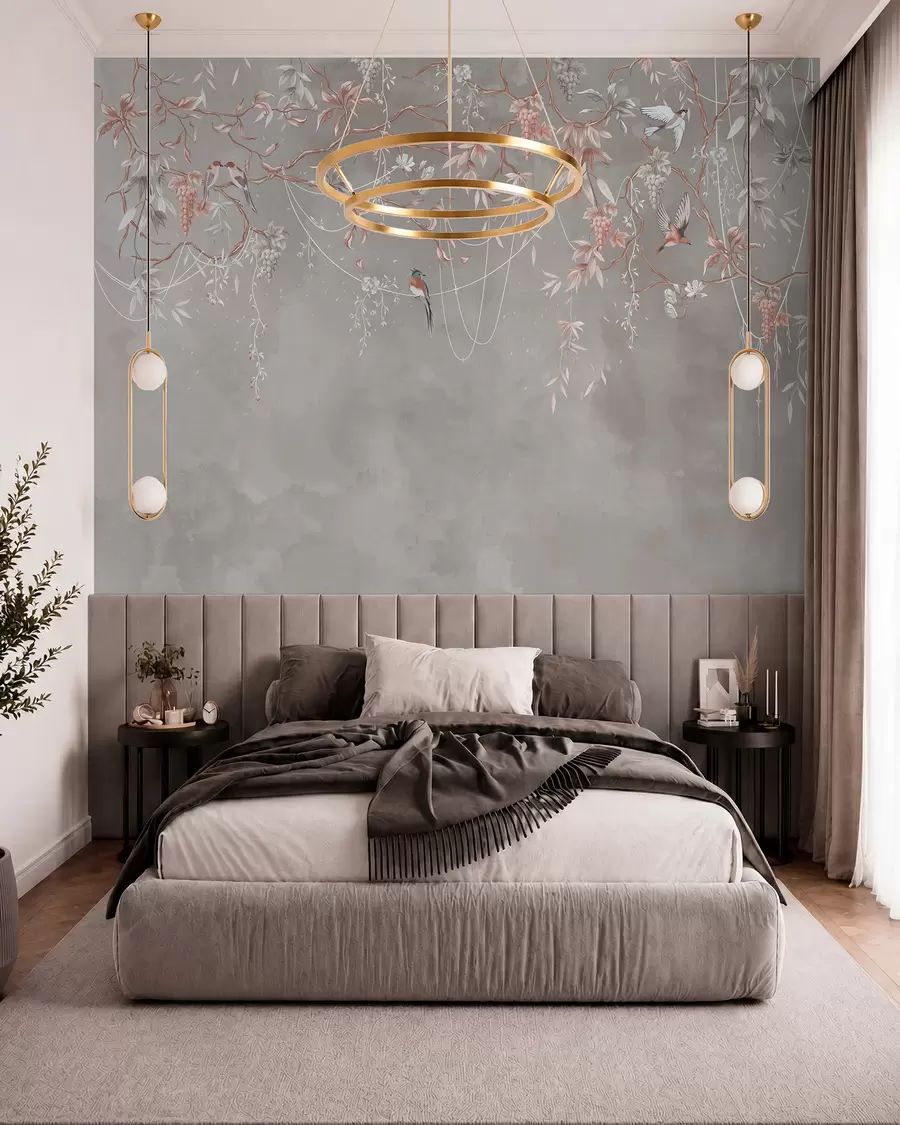 Murale Branches avec raisins et oiseaux sur fond gris-rose chaud w04302