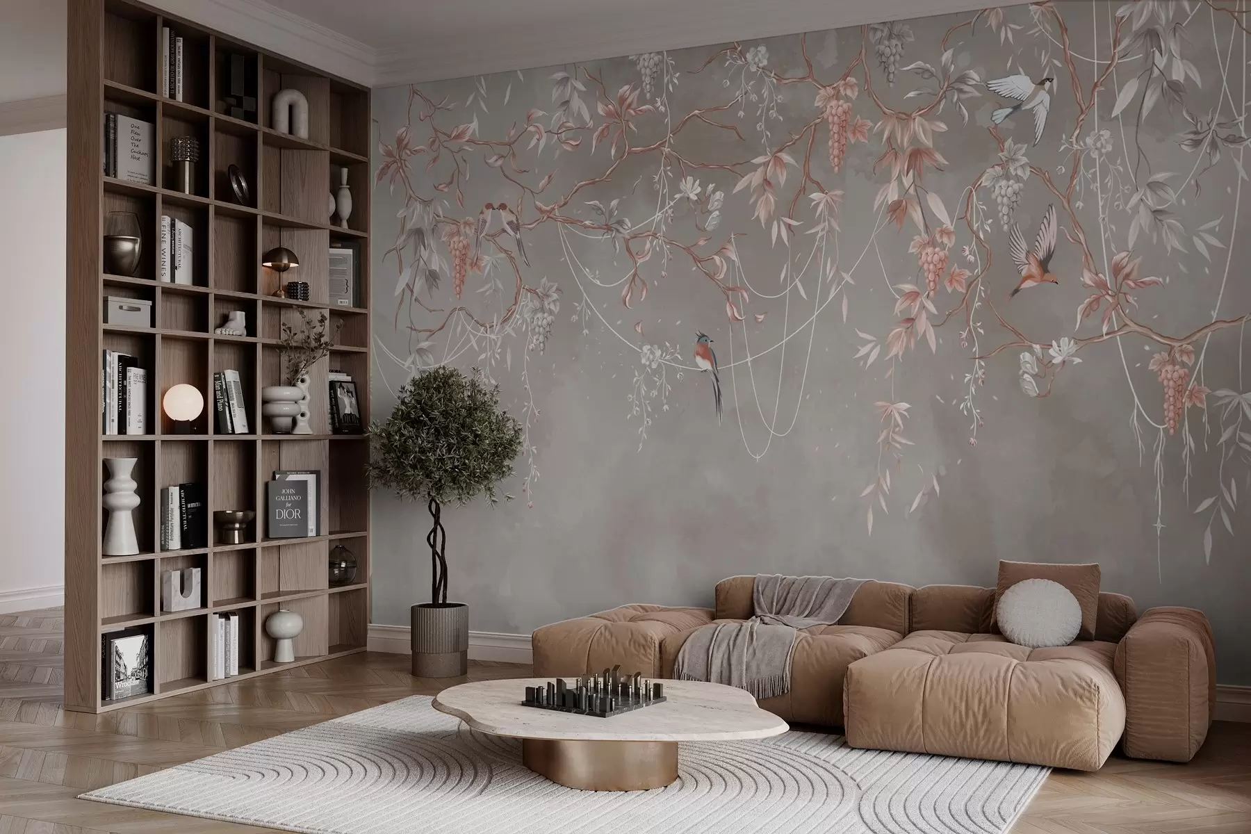 Murale Branches avec raisins et oiseaux sur fond gris-rose chaud w04302