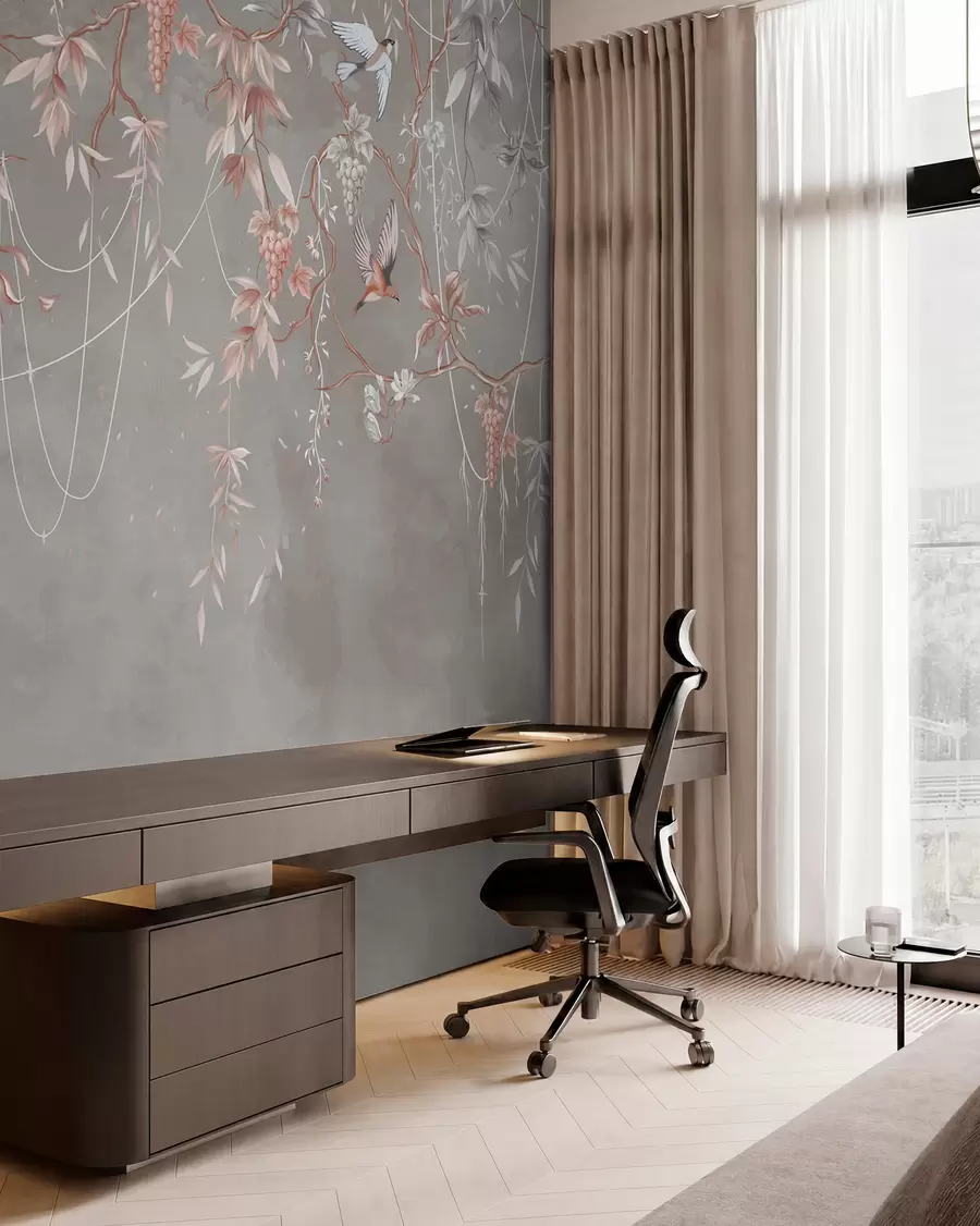 Murale Branches avec raisins et oiseaux sur fond gris-rose chaud w04302