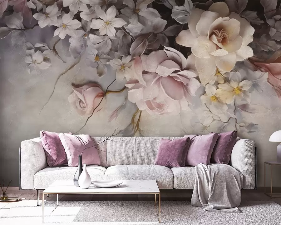 fototapeter Store blomster hænger ned ad væggen på en betonbaggrund w09184