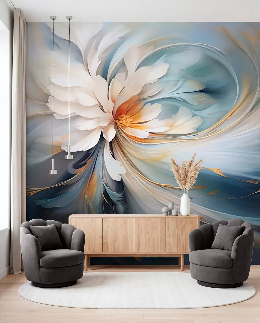 Murale Fleur abstraite dans les tons bleu et orange w09270v1