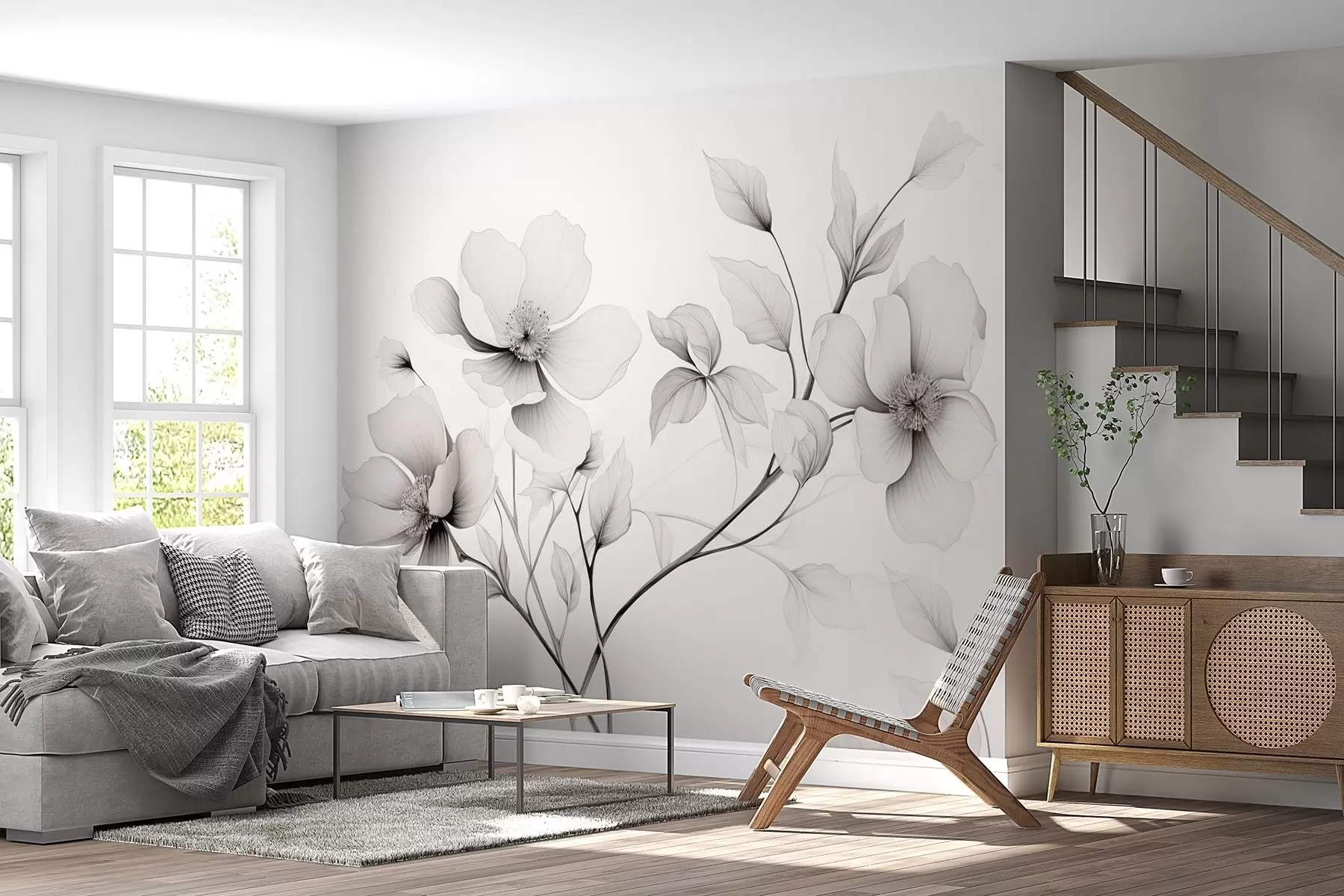 fototapeter Sorte og hvide blomster med elegante linjer på en grå baggrund w09271