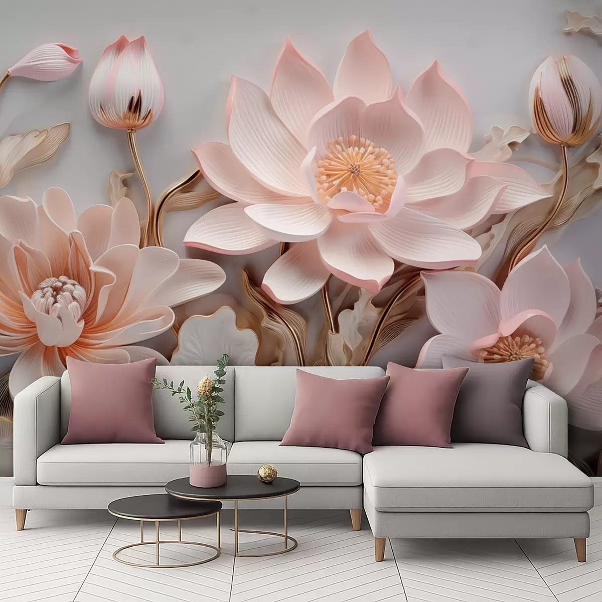 fototapeter Volumetriske pink blomster med gule blade w09277