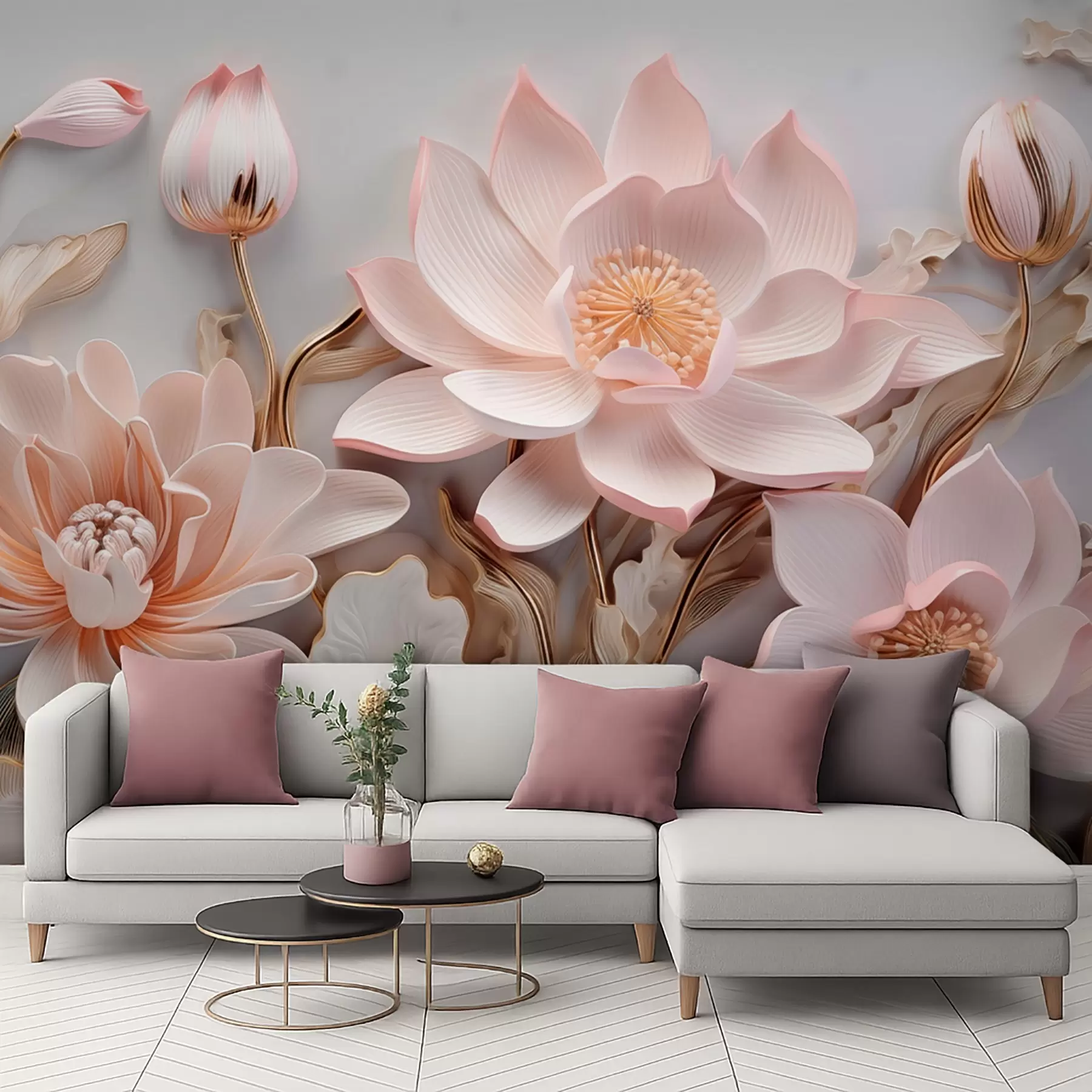 fototapeter Volumetriske pink blomster med gule blade w09277