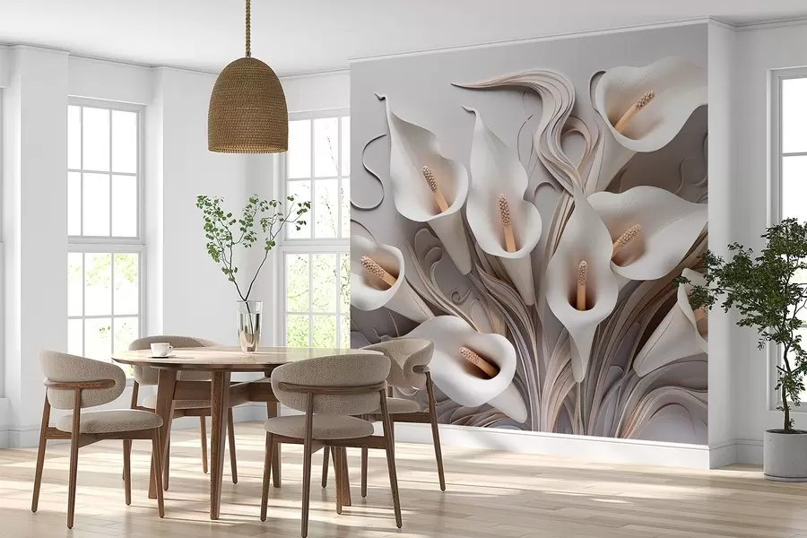 fototapeter Volumetriske kallaliljer i cremede toner med 3D-effekt w09281