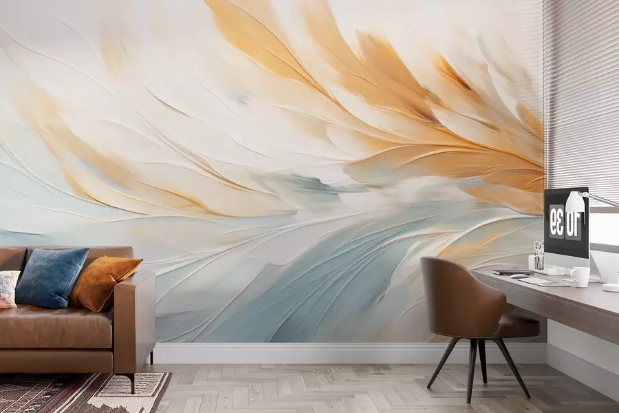 Fototapete Abstrakte Federn in sanften Blau- und Orangetönen w09283