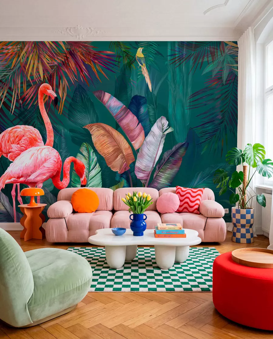 fototapeter Flamingoer i de farvede troper u80403