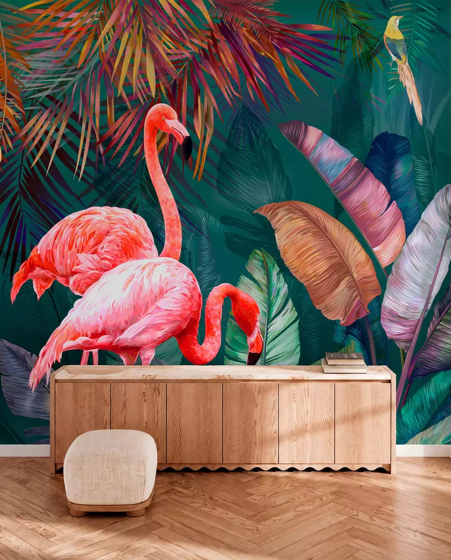 fototapeter Flamingoer i de farvede troper u80403
