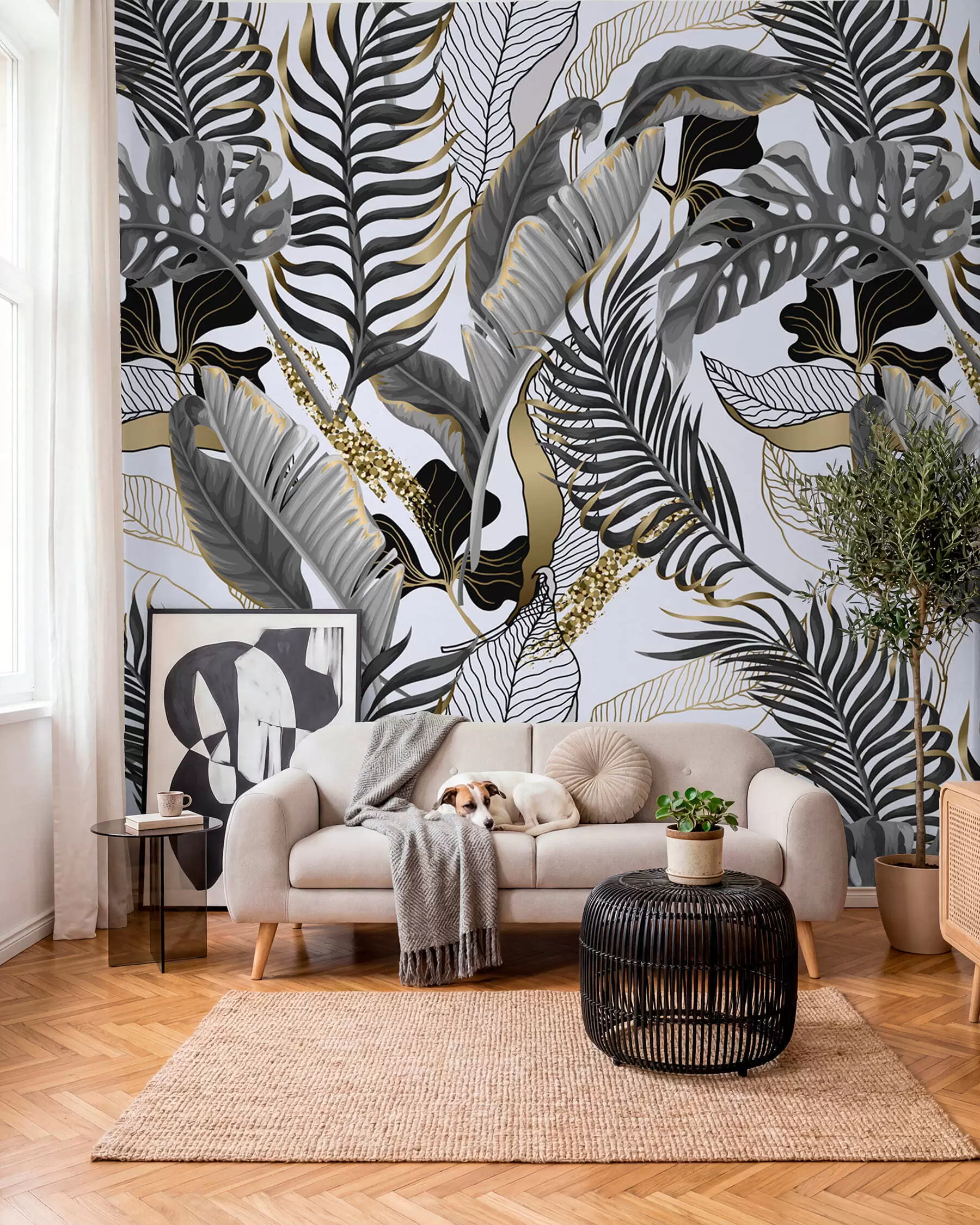 Murale Feuilles tropicales grises sur fond blanc u71888