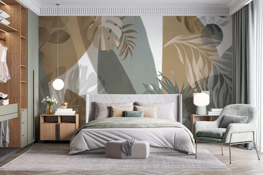 Murale Feuilles de monstera et feuilles de palmier dans un motif aux couleurs brunes, blanches et vertes, ambiance tropicale, formes abstraites, décoratif w09288