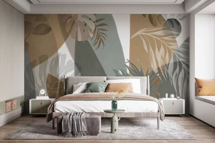 Murale Feuilles de monstera et feuilles de palmier dans un motif aux couleurs brunes, blanches et vertes, ambiance tropicale, formes abstraites, décoratif w09288