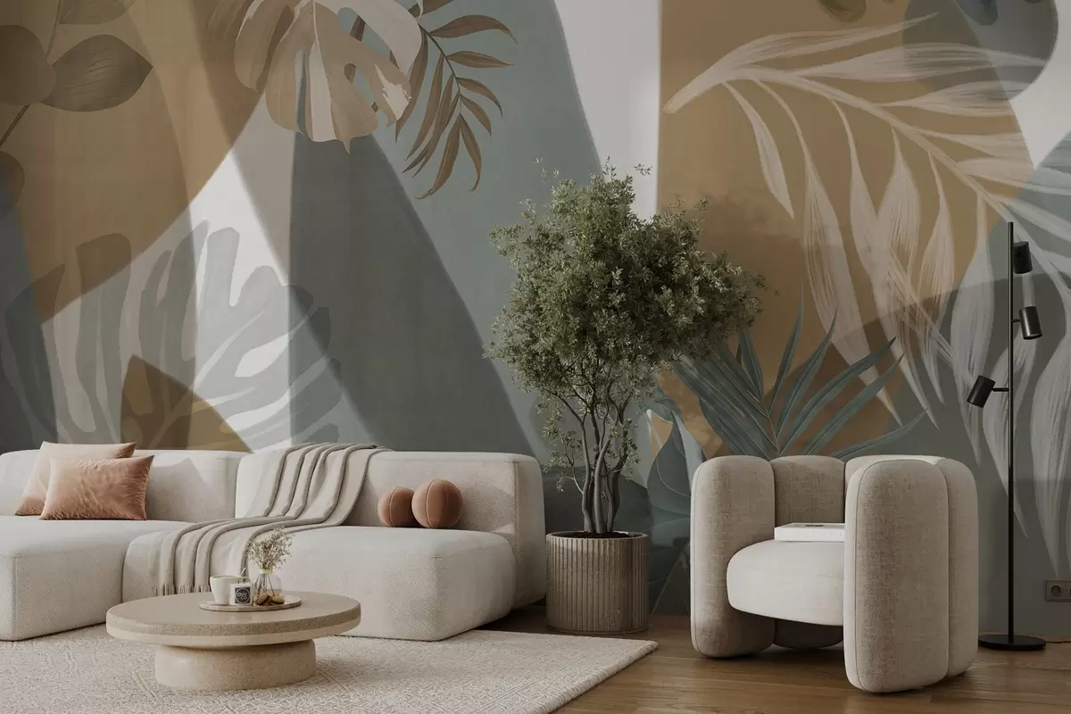 Murale Feuilles de monstera et feuilles de palmier dans un motif aux couleurs brunes, blanches et vertes, ambiance tropicale, formes abstraites, décoratif w09288