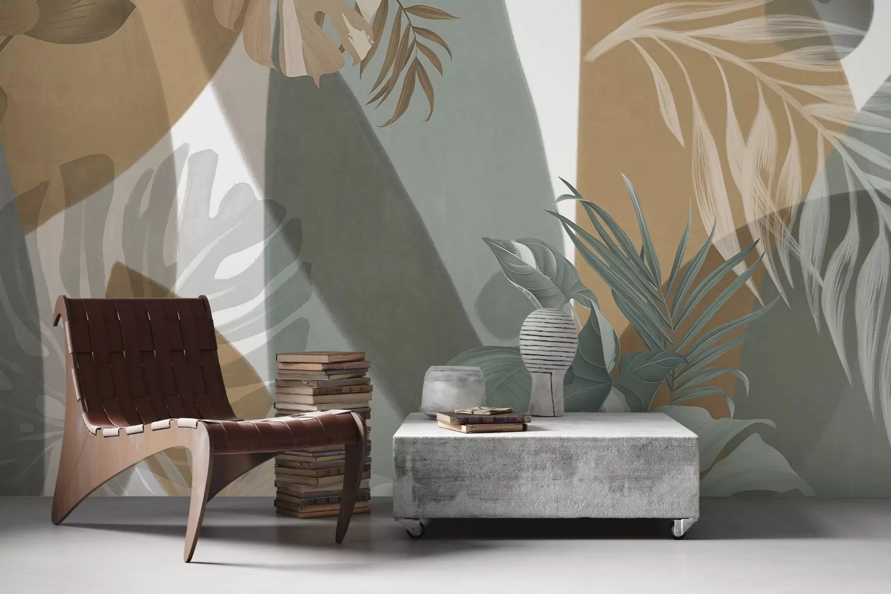 fototapeter Monstera-blade og palmeblade i et mønster med brune, hvide og grønne farver, tropisk stemning, abstrakte former, dekorativt w09288