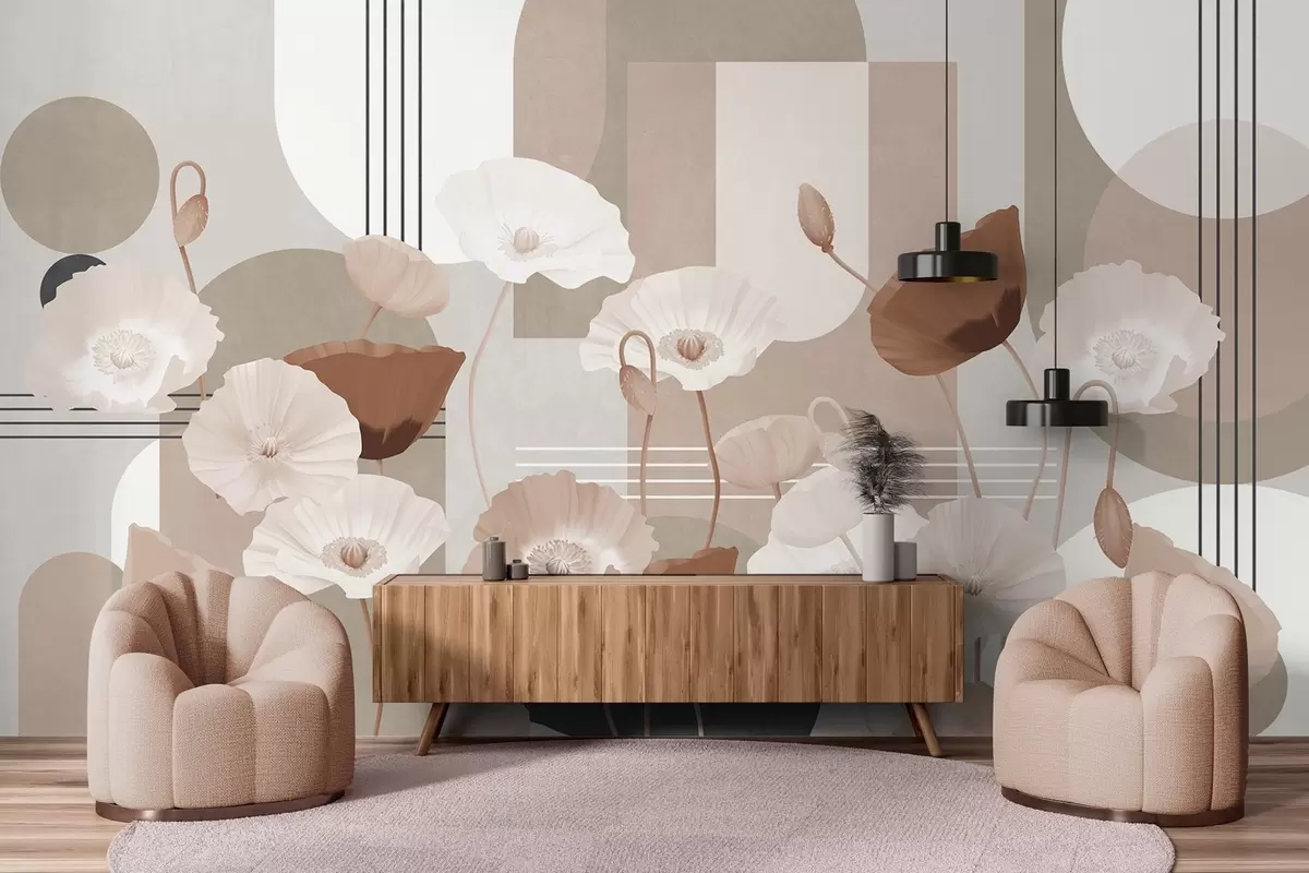 fototapeter Valmuer i hvide og beige farver med geometriske former i baggrunden, cirkler og buer, minimalistisk stil, bløde farver w09289