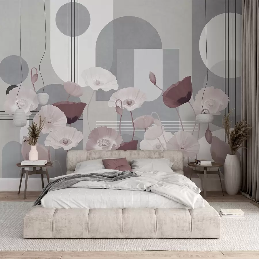 Murale Coquelicots en blanc et gris avec des formes géométriques en arrière-plan, des cercles et des arcs, style minimaliste, couleurs douces w09289v1